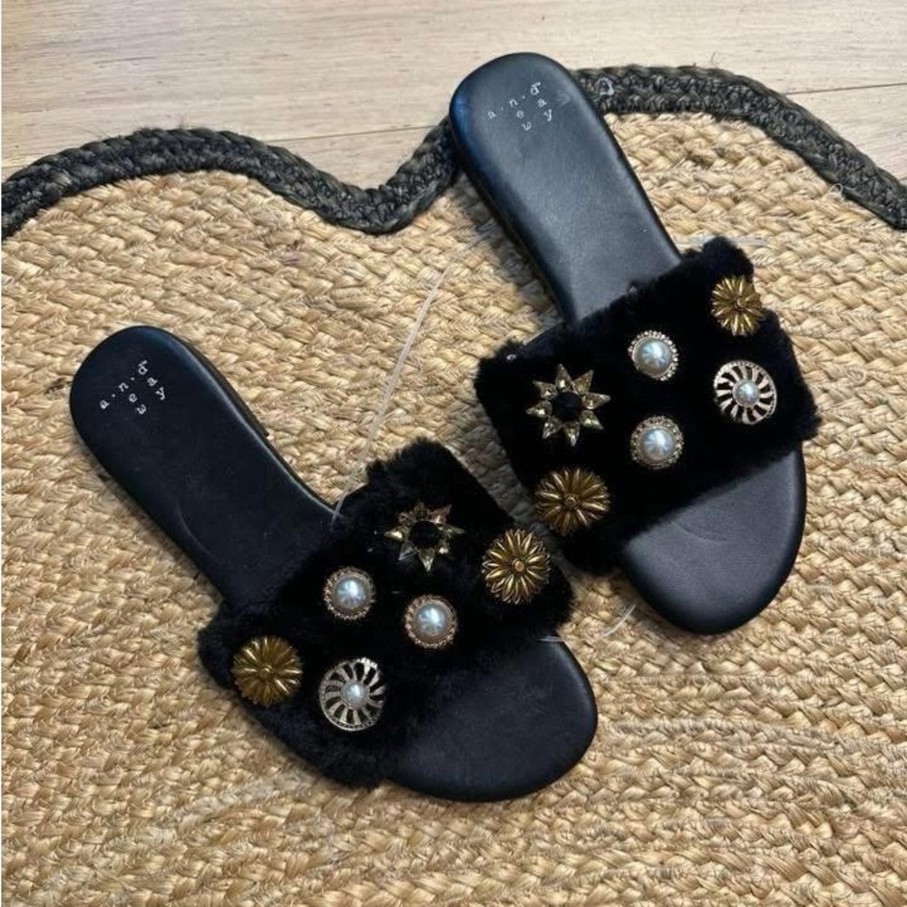 Black Fur Embellished Slide Sandals